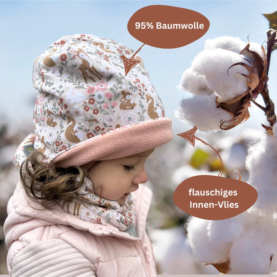 360° Reflektor Beanie & Loop – Waldtiere- Vlies innen
