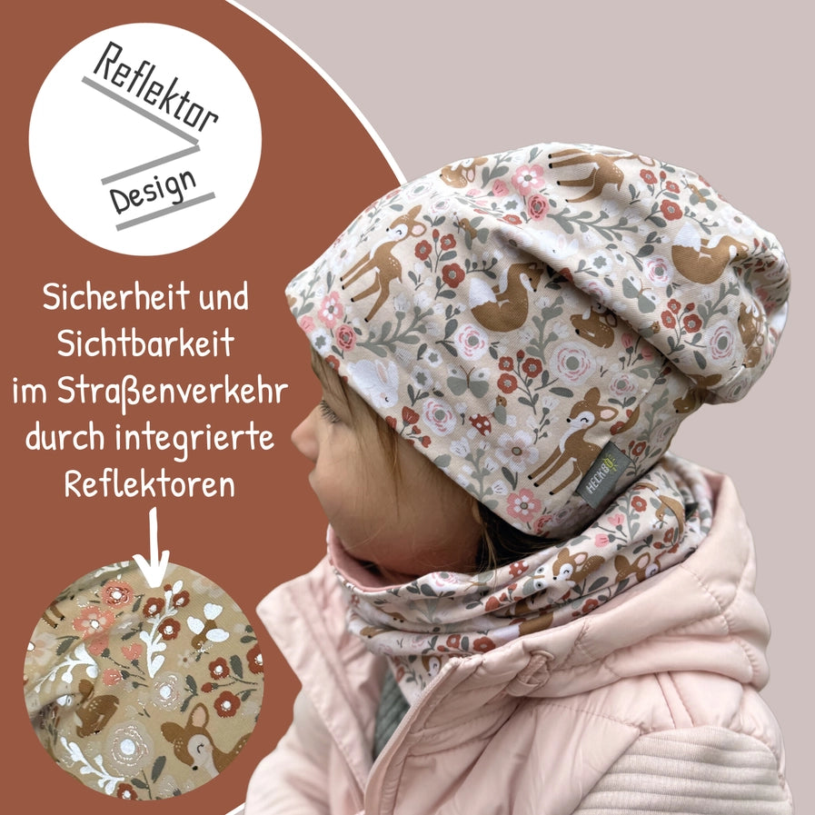 360° Reflektor Beanie & Loop – Waldtiere- Vlies innen