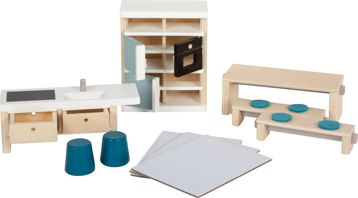 Puppenhaus Natur mit Möbeln| Puppenzubehör | Holz