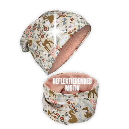 360° Reflektor Beanie & Loop – Waldtiere- Vlies innen