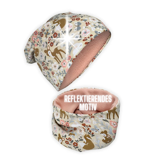 360° Reflektor Beanie & Loop – Waldtiere- Vlies innen