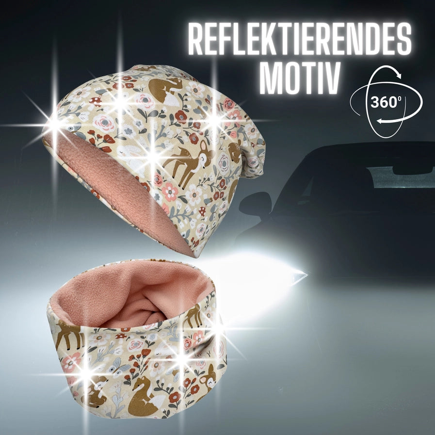 360° Reflektor Beanie & Loop – Waldtiere- Vlies innen